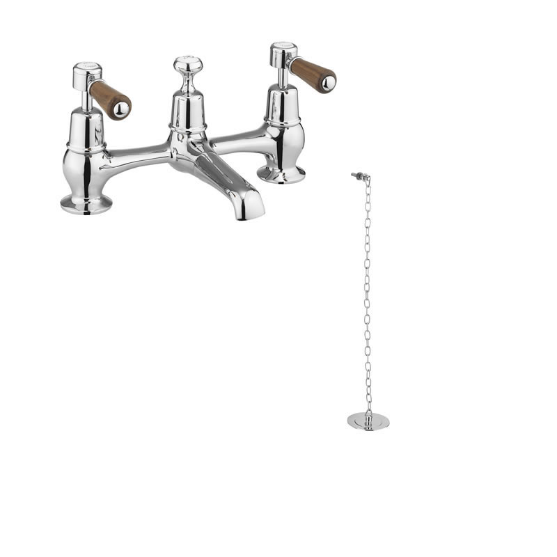 Kensington Walnut 2 Tap Hole Bridge Basin Mixer with Plug and Chain Waste and Swivel Spout